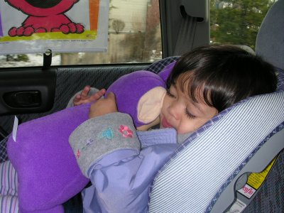 Mia with Tinky Winky in the car