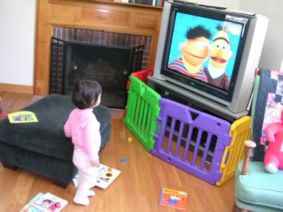 Mia with the new television